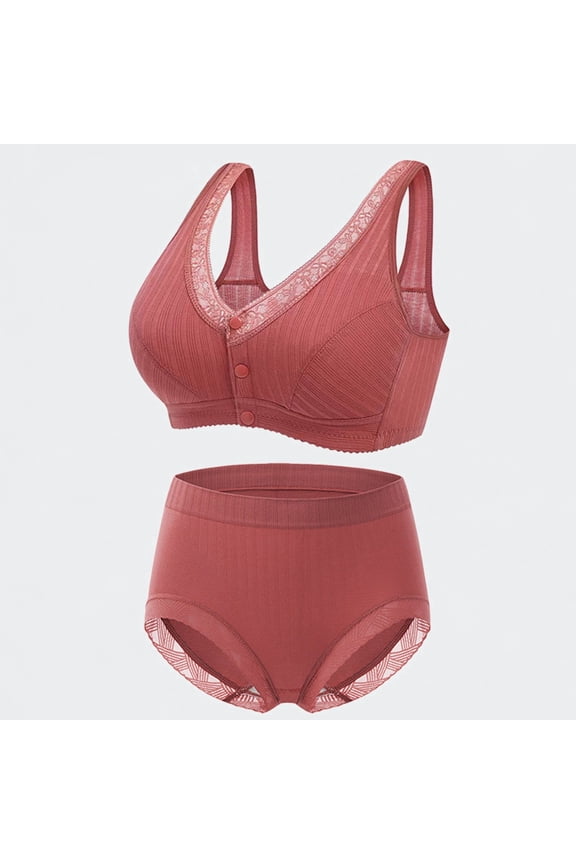 Women's Lace Bralette & Panty Set, Wireless Ribbed Front Button Bra with High Waist Briefs for Daily Wear,Brown