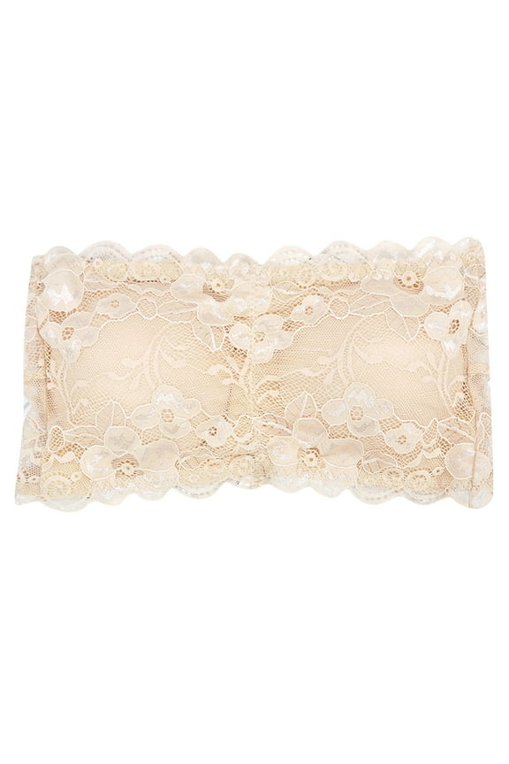 Women's Lace Strapless Bandeau Bralette Tube Top with Padded Comfort and Transparent Supportive Straps,Color:Beige
