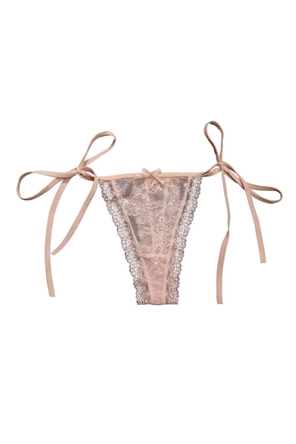Women's Lace Thong Panties Low Rise T Back G String Underwear with Tie Side Straps and Hollow Out Design Pure Desire Style Comfortable Breathable Soft Stretchable