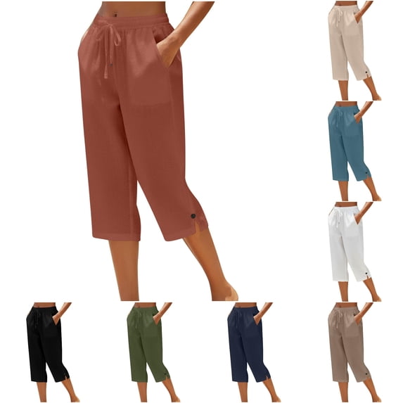 Ticikt Women’s Lightweight Textured Linen Cropped Capris, Elastic Waist With Pockets Pants for Summer Beach Casual Daily,Brick Red
