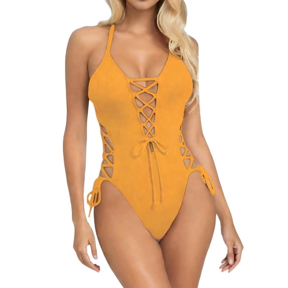 Ticikt Women's Mesh One Piece Swimdress Swimsuit Slim Fit V Neck U Ring Bathing Suit Drawstring Sarong Swimwear,Color:Yellow,Size:L