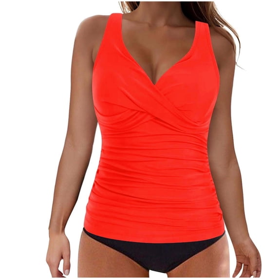 Ticikt Women V Neck Wrap Ruched Tankini Set, Sleeveless Tummy Control Two Piece Bathing Suit with High Cut Bikini Bottom