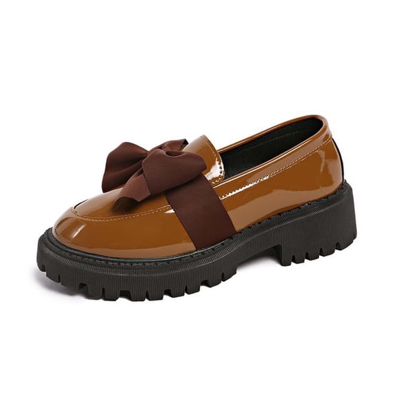 Ticikt Women's Patent Leather Heel Bow Loafers Elegant Round Toe Platform Non- Lug Sole Casual Dress Shoes for Business Office Work Everyday Wear,Color:Khaki,Size:6