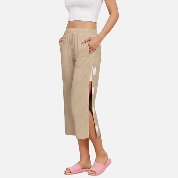 Ticikt Women's Post Surgery Capri Pants, Open Side Adaptive Pants with Hook & Loop Closure & Pockets,Khaki