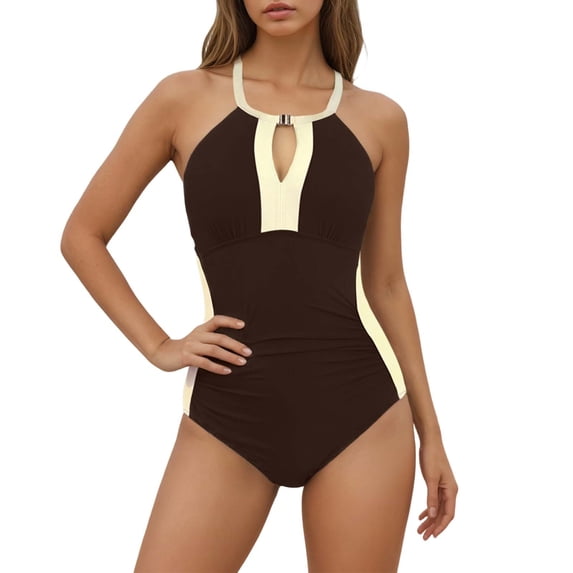 Ticikt Women's Push Up Wrap Front Swimsuit One Piece Slim Fit Bathing Suits Bandeau Support Swimwear,Color:Coffee,Size:XXL