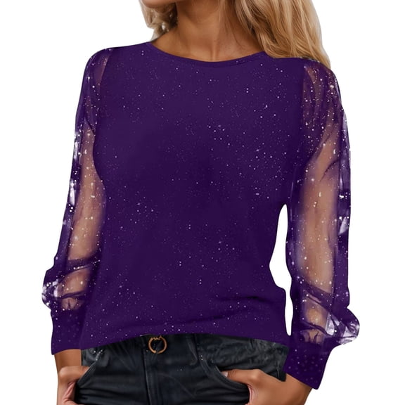 Ticikt Women's Round Neck Top Long Sleeve Slim Fit Shirts Mesh Sheer See Through Casual Top Overlay Versatile Sheer Layering Shirt,Color:Dark Purple,S