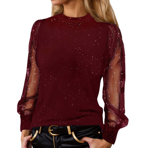 Ticikt Women's Round Neck Top Long Sleeve Slim Fit Shirts Mesh Sheer See Through Casual Top Overlay Versatile Sheer Layering Shirt,Color:Red,S