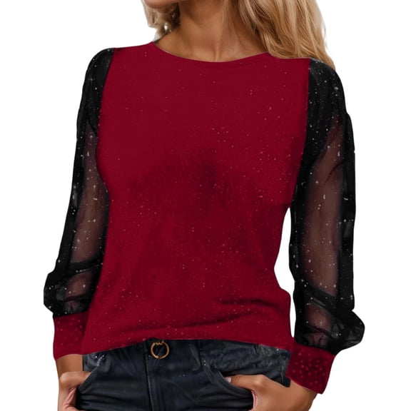 Ticikt Women's Round Neck Top Long Sleeve Slim Fit Shirts Mesh Sheer See Through Casual Top Overlay Versatile Sheer Layering Shirt,Color:,L