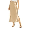 thumbnail image 1 of Ticikt Women’s Satin Maxi Skirt, High Waist Elastic Waistband, Side Slit, Elegant Solid Color Long Skirt for Party Office Dinner Daily Wear,Khaki, 1 of 5