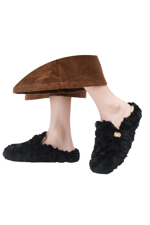 Ticikt Women's Scuff Slippers Furry Cute Curly Faux Wool Slip-on Indoor Memory Foam House Shoes,Color:Black,Size:6.5