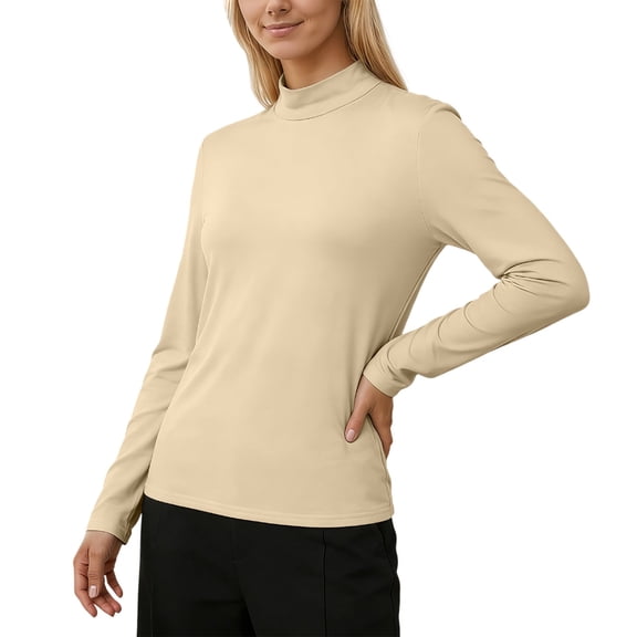 Ticikt Women's Sleeveless Long Sleeves Mock Turtleneck Top Basic Stretch Fitting Pullover Lightweight Slim Shirt,Color:Beige,M