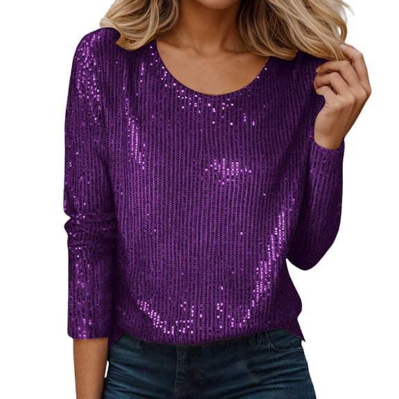 Ticikt Women's Sparkly Sequin Tops 3/4 Sleeve Glitter Dressy Blouses Round-Neck Club Party Tops,Color:Purple,S