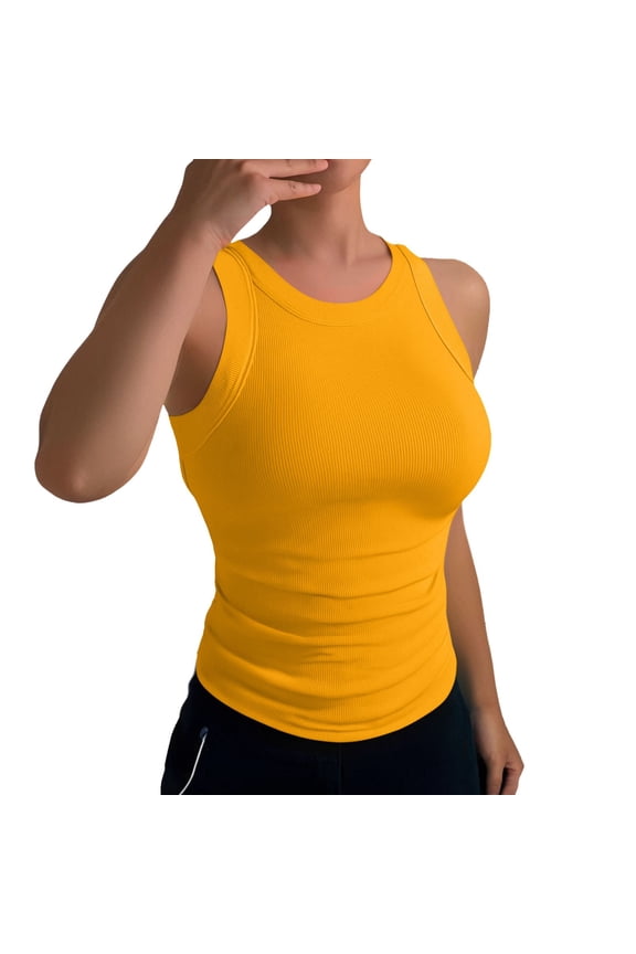 Women's Square Neck Double Lined Tank Tops Cute Summer Tops Slim Fit Basic Sleeveless Shirts,Color:Yellow