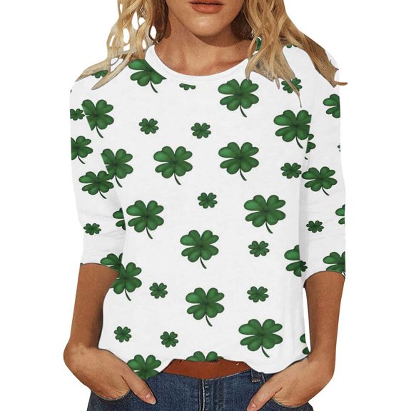 Ticikt Women's St. Patrick Casual 3/4 Sleeve T-Shirts Round Neck Basic Tees Blouses Loose Fit Pullover Blouses Business Work Tee Top,Color:White,M