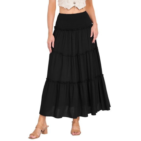 Ticikt Women's Summer Casual Elegant Smock Layered Tiered Maxi Skirt High Waisted A Line Flowy Long Skirts,Color:Black