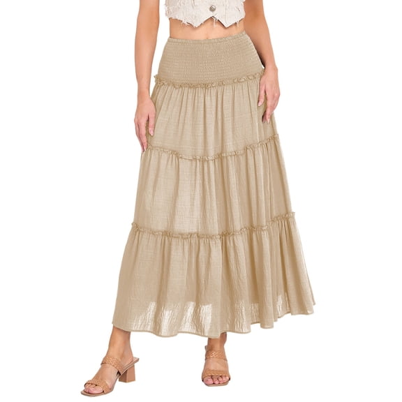 Ticikt Women's Summer Casual Elegant Smock Layered Tiered Maxi Skirt High Waisted A Line Flowy Long Skirts,Color:Khaki