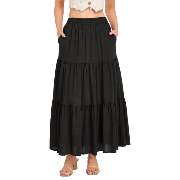 Ticikt Women's Summer Casual Elegant Smock Layered Tiered Maxi Skirt High Waisted A Line Flowy Long Skirts with Pockets,Color:Black