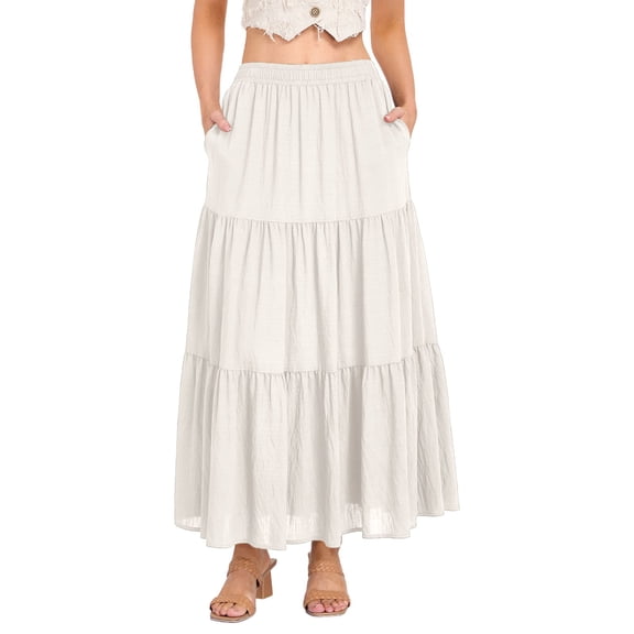 Ticikt Women's Summer Casual Elegant Smock Layered Tiered Maxi Skirt High Waisted A Line Flowy Long Skirts with Pockets,Color:White