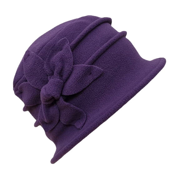 Ticikt Women’s Vintage Wool Felt Cloche Hat, 3D Flower Applique, Thick Warm Double-Layer Bucket Hat for Tea Party Winter Dressy Daily Wear,Purple