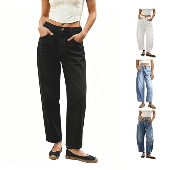 Ticikt Women’s Washed Barrel Jeans, Loose Wide Leg Curved Denim Pants with Pockets,Black