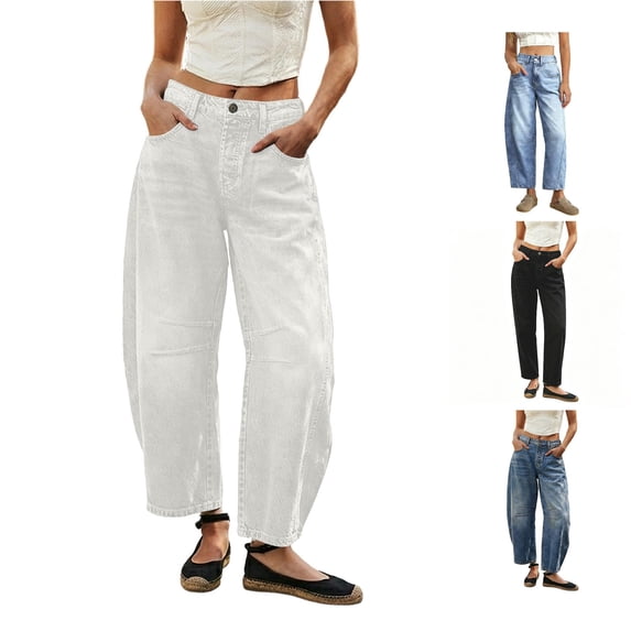Ticikt Women’s Washed Barrel Jeans, Loose Wide Leg Curved Denim Pants with Pockets,White