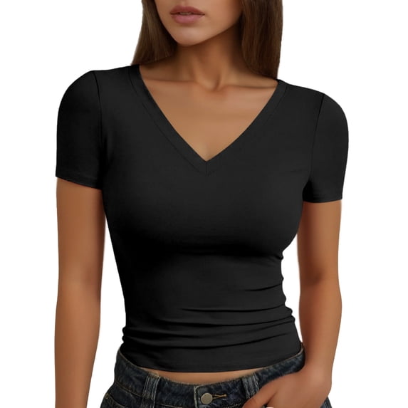 Ticikt Women Solid V‑Neck Short Sleeve T‑Shirt, Fitted Shoulder Slim Fit Basic Casual Tee Top,Color:Black,Size:S
