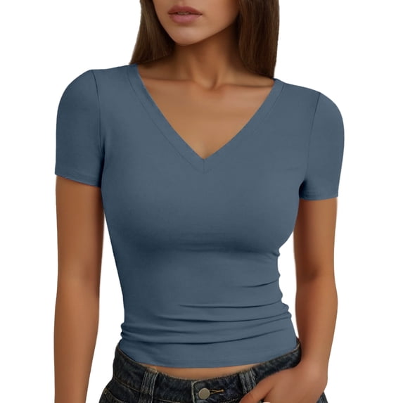 Ticikt Women Solid V‑Neck Short Sleeve T‑Shirt, Fitted Shoulder Slim Fit Basic Casual Tee Top,Color:Blue,Size:S