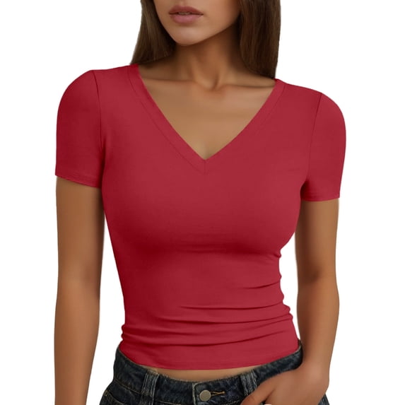 Ticikt Women Solid V‑Neck Short Sleeve T‑Shirt, Fitted Shoulder Slim Fit Basic Casual Tee Top,Color:Red,Size:L