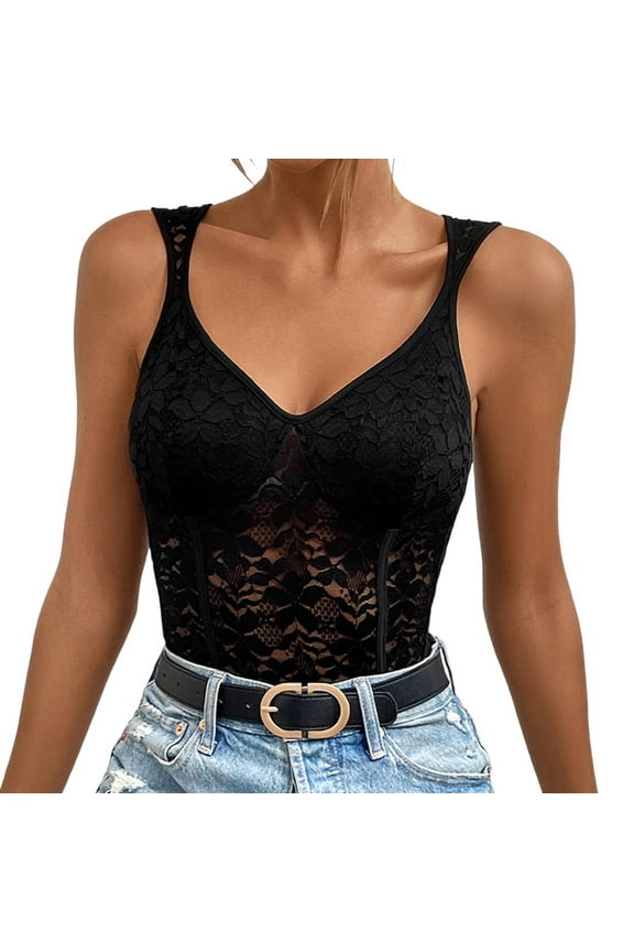 Ticikt Womens Floral Lace Bodysuit Tops V Neck Bodysuits Elegant Puffy Sleeveless T Shirts Outfits,Color:Black,M