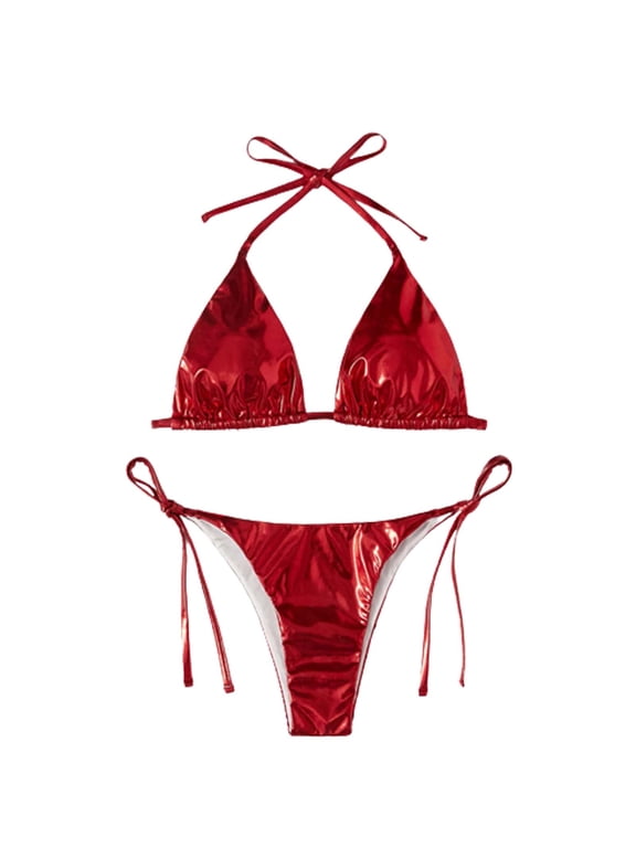 Womens Liquid Metallic Shiny and Matte String Bikini 2 Piece Swimsuit Set,Color:Red,Size:S