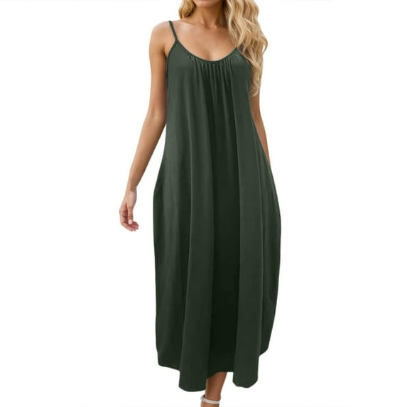 Ticikt Womens Maxi Dress 2026 Casual Strap Plus Size Loose Plain Long Office Summer Beach Travel Dresses,Color:Army Green,Size:3XL
