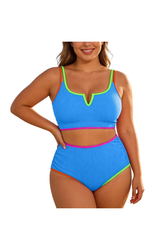 Womens Plus Size Bikini Swimsuit High Waisted Swimsuits Bathing Suit 2 Piece Tummy Control Sporty Two Piece Bathing Suit Ribbed Women 2026,Color:Sky Blue,Size:3XL