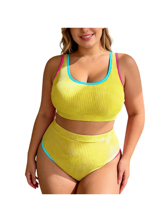 Womens Plus Size Bikini Swimsuit High Waisted Swimsuits Bathing Suit 2 Piece Tummy Control Sporty Two Piece Bathing Suit Ribbed Women 2026,Color:Yellow,Size:4XL