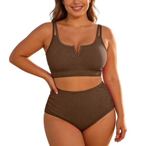 Ticikt Womens Plus Size Bikini Swimsuit High Waisted Swimsuits Bathing Suit 2 Piece Tummy Control Sporty Two Piece Bathing Suit Ribbed Women 2026,Color:Coffee,Size:XXL