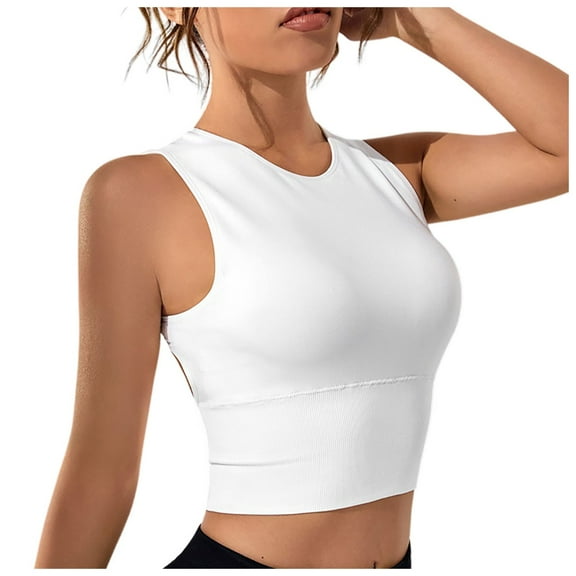 Ticikt Yoga Round Neck Crop Tank Tops for Women - Racerback Padded Longline Sports Bras Workout,Color:White