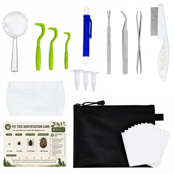 Tick Remover Tool, 15-in-1 Stainless Steel Tick Tweezers Set for Camping, Hiking for Dogs, Cats and Humans