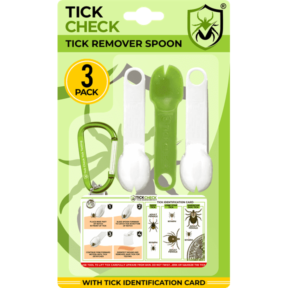 TickCheck Tick Remover Spoon - 3 Pack of Lightweight Tick Remover Tools with Free Tick ID Card & Carabiner (1 Set, 3 Spoons)