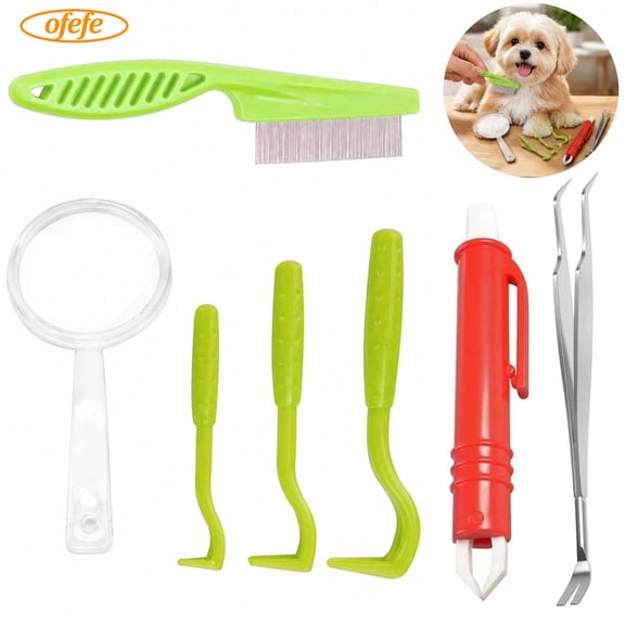 Tick Remover Tool Set, 7 Piece Pet Dog Tick Remover Tool Set Tick Hook Flea Tick Tweezers Clip Remover Flea Comb Magnifying Glass for Dogs Cats