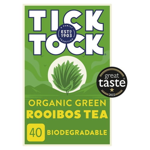 Tick Tock Organic Rooibos Green Tea Bags 40's, British Import (Pack of 2)