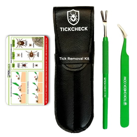 TickCheck Premium Tick Remover Kit - Stainless Steel Tick Remover + Tweezers, Leather Case, and Free Pocket Tick Identification Card
