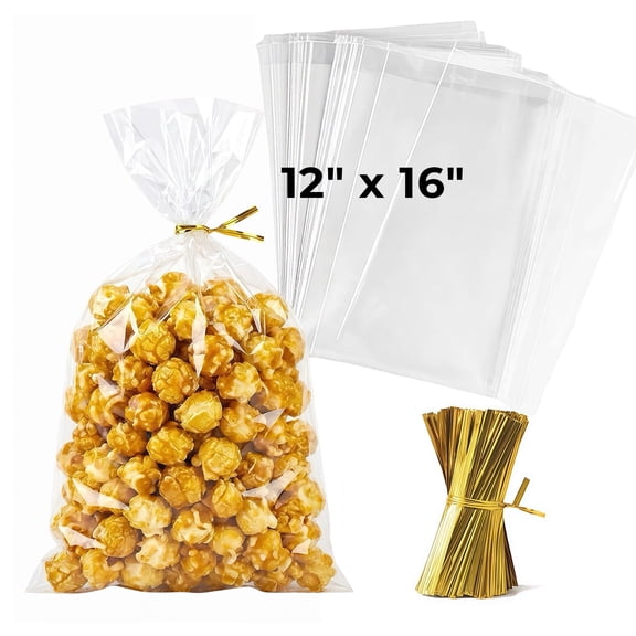 JOYIT 100pcs 12x16 Inch Large Cellophane Bags with 120 Gold Twist Ties – Clear Cellophane Gift Bags, 3Mil Thick Treat Bags with Ties, Large Clear Gift Bags for Candy, Cookies, Party