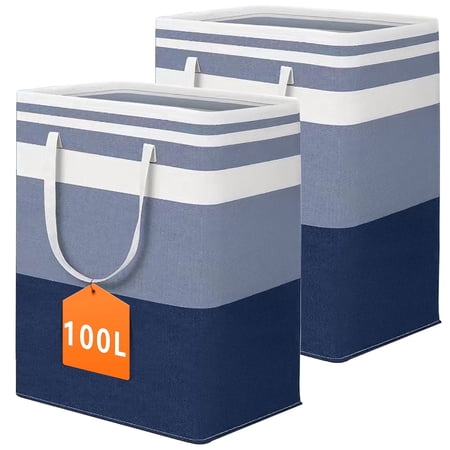TickJOY 2-Pack 100L Collapsible Laundry Basket with Handles, Large Capacity, Waterproof Freestanding Laundry Hamper, Tall Clothes Hamper for Storage in Dorm, Home, Camping - Gradient Blue