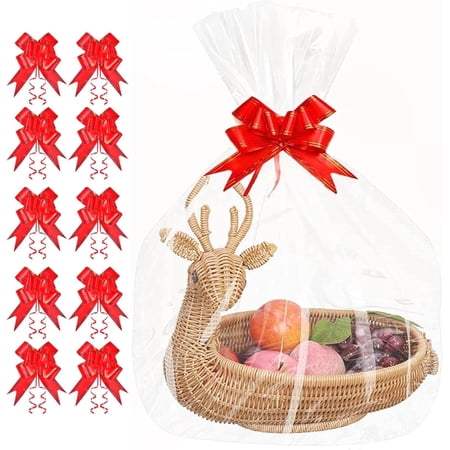 TickJOY 50 Pcs Clear Cellophane Bags Large (18 in x 30 in), 3 Mil Thicker Cellophane Wrap for Gift Baskets, Celofan Plastic Gift Bags with Red Bows Ribbon