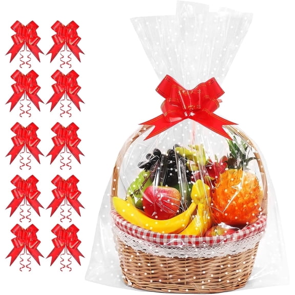 TickJOY 50 Pcs Clear Cellophane Bags White Dot Large (18 in x 30 in), 3 Mil Thicker Cellophane Wrap for Gift Baskets, Celofan Plastic Gift Bags with Red Bows Ribbon