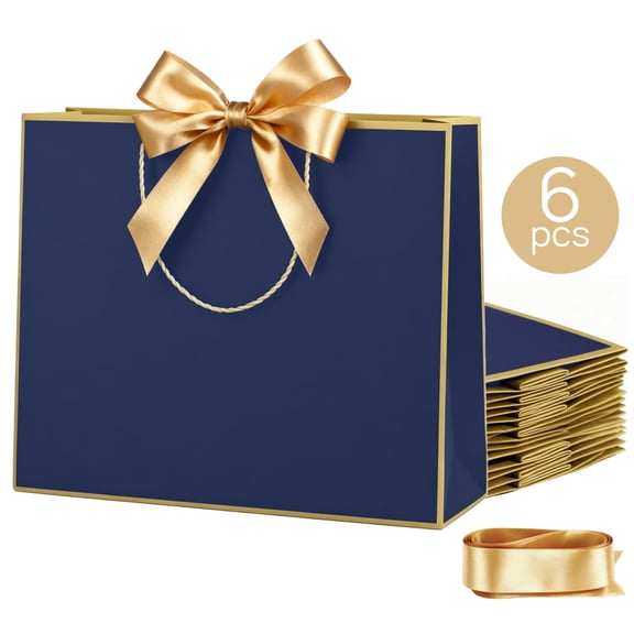 TickJOY 6 Pcs Gift Bags with Handles Medium Size - Birthday Gift Bags 12.6×9.8×4.3 inch for Gift Wrapping and Presenting - Durable, Elegant Design for Birthdays, Weddings & Parties, Navy Blue