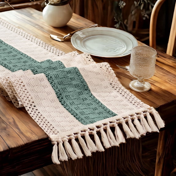 TickJOY Boho Table Runner – Farmhouse Decor Macrame Runner Table Cloth with Tassels for Home Decor, Kitchen Decor, Living Room Decor, Centerpiece Table Decorations(Green/Beige, 12x108 Inches)