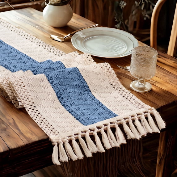 TickJOY Boho Table Runner – Farmhouse Decor Macrame Runner Table Cloth with Tassels for Home Decor, Kitchen Decor, Living Room Decor, Centerpiece Table Decorations(Blue/Beige, 12x72 Inches)