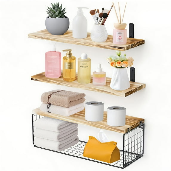 TickJOY Floating Shelves Set of 3 - Paulownia Wood Wall Shelves for Any Space - Ideal Bathroom Shelves for Stylish Storage and Display, Perfect Wall Shelf for Home Organization, Natural