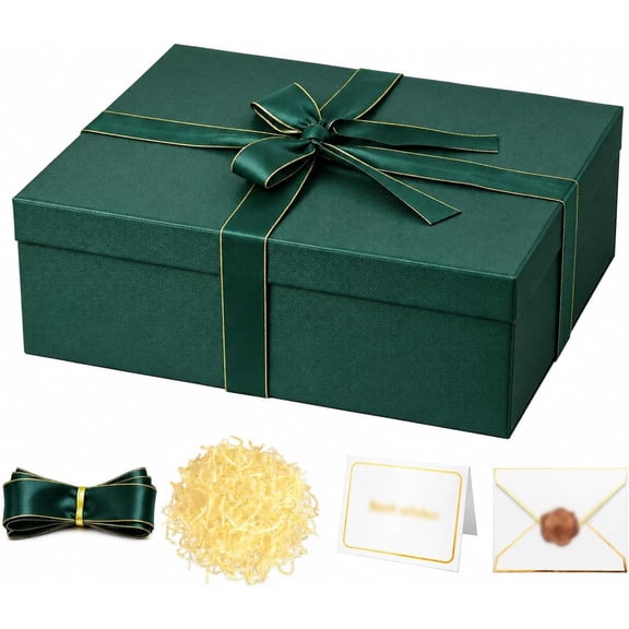 TickJOY Green Gift Box 16.5''x13''x5.5'' - Large Gift Boxes with Lid for Presents Packaging, Birthday, Christmas, Wedding, Anniversary, Big Gift Box with Ribbon, Shred Filler, Card, Wax Seal (Green)