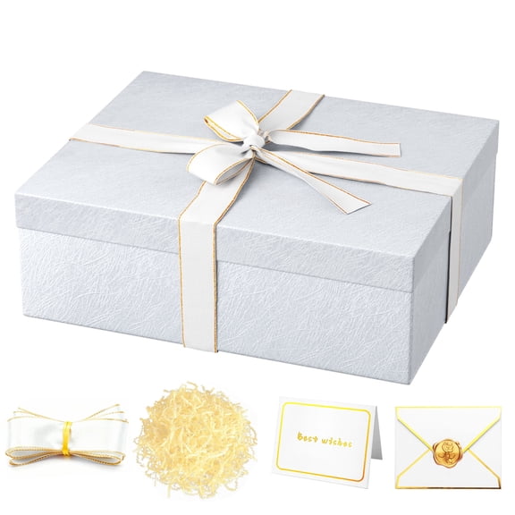 TickJOY White Gift Box 16.5''x13''x5.5'' - Large Gift Boxes with Lid for Presents Packaging, Birthday, Christmas, Wedding, Anniversary, Big Gift Box with Ribbon, Shred Filler, Card, Wax Seal (White)